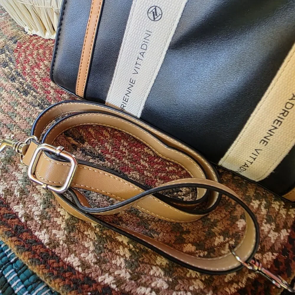 Adrienne Vittadini Black Tote Canvas Logo Straps w AV Charm Top Zip Closure EUC